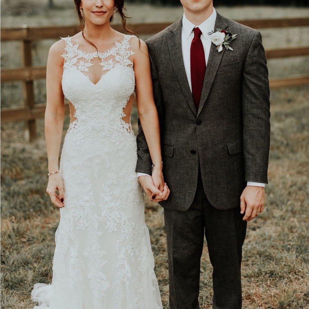 Lillian West 6485 Size 6 Lace Polka Dot Wedding Dress Ivory Tulle Side Cut Outs